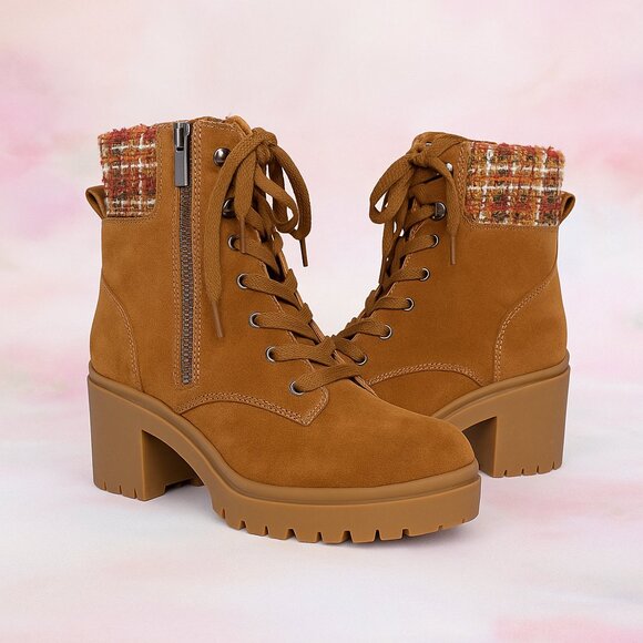 Steve Madden Jaydin Suede Lace-Up Booties Lug Sole Block Heel Tweed Collar Tan 9 - Picture 1 of 10